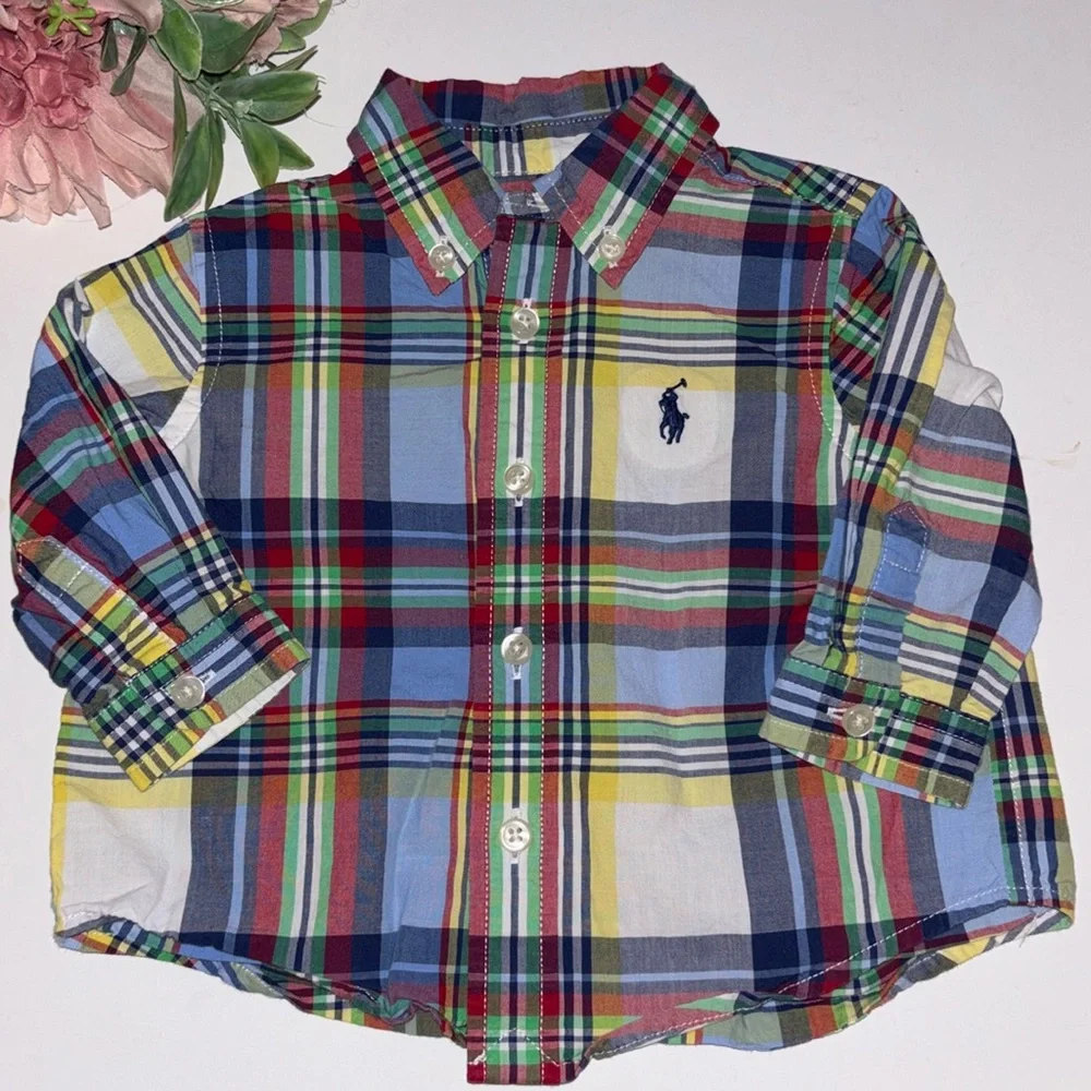 Ralph Lauren Baby Plaid Cotton Poplin Shirt 3M Yellow Blue Plaid Ralph Lauren